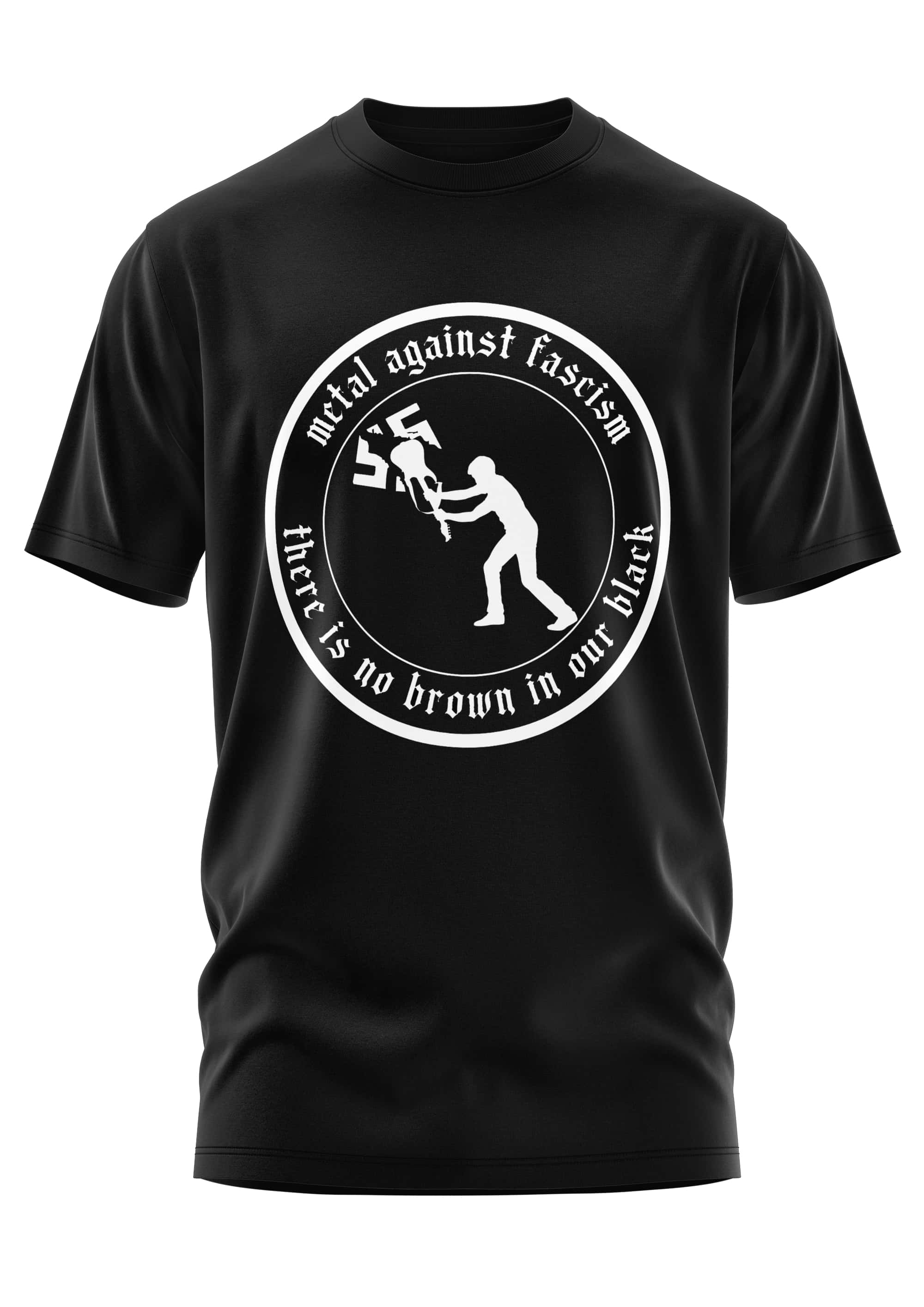 Schwarzes kurzarmshirt metal gegen faschismus mit weißem rundem motiv langlebiger digitaldruck gaia lizenzierte bekleidung